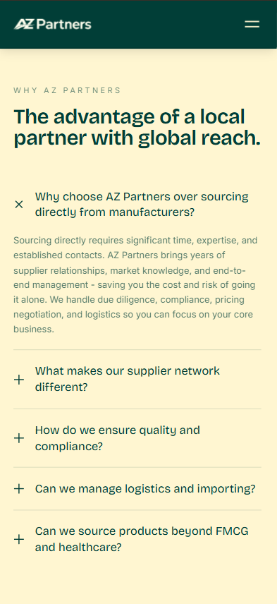 AZ Partners FAQ page mobile responsive view